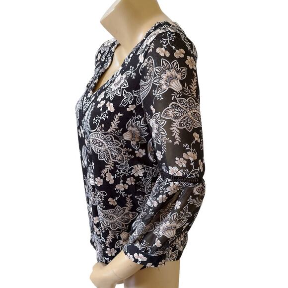PERSEPTION CONCEPT Womens Size Small Balloon Sleeve Paisley Boho V Neck Shirt - Picture 2 of 8